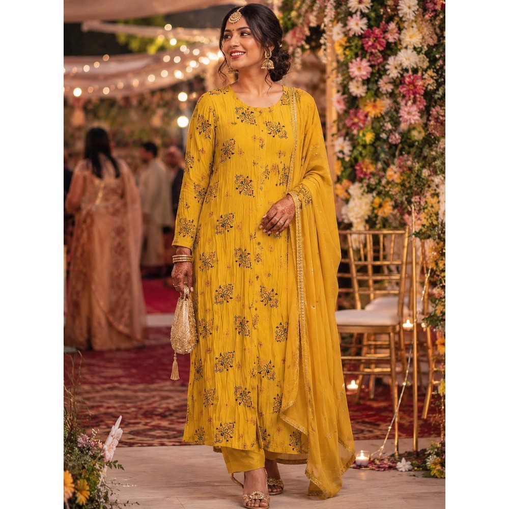 South Asian Kameez Kurti Tunic Women Medium Yellow Excellent Floral Block Print